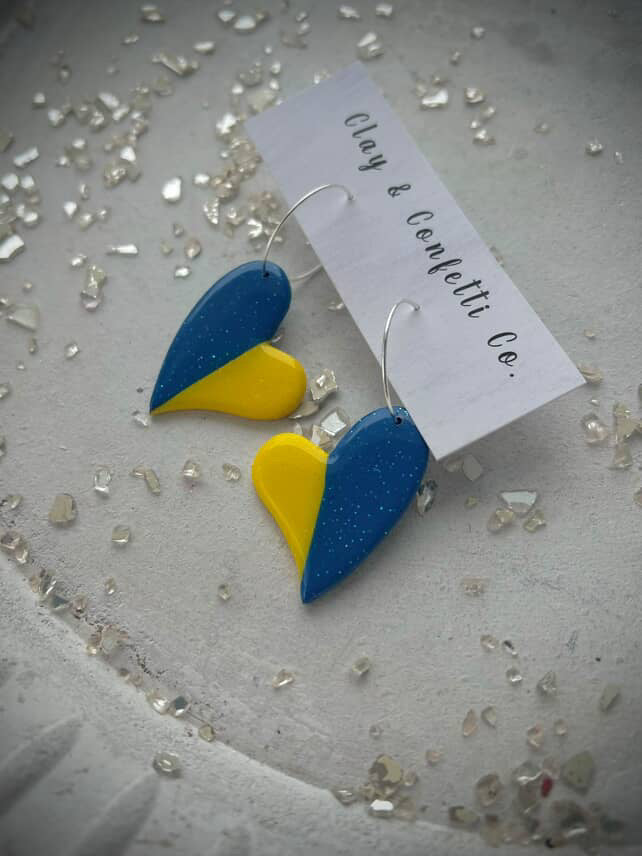 Blue & yellow glitter heart hoop dangle