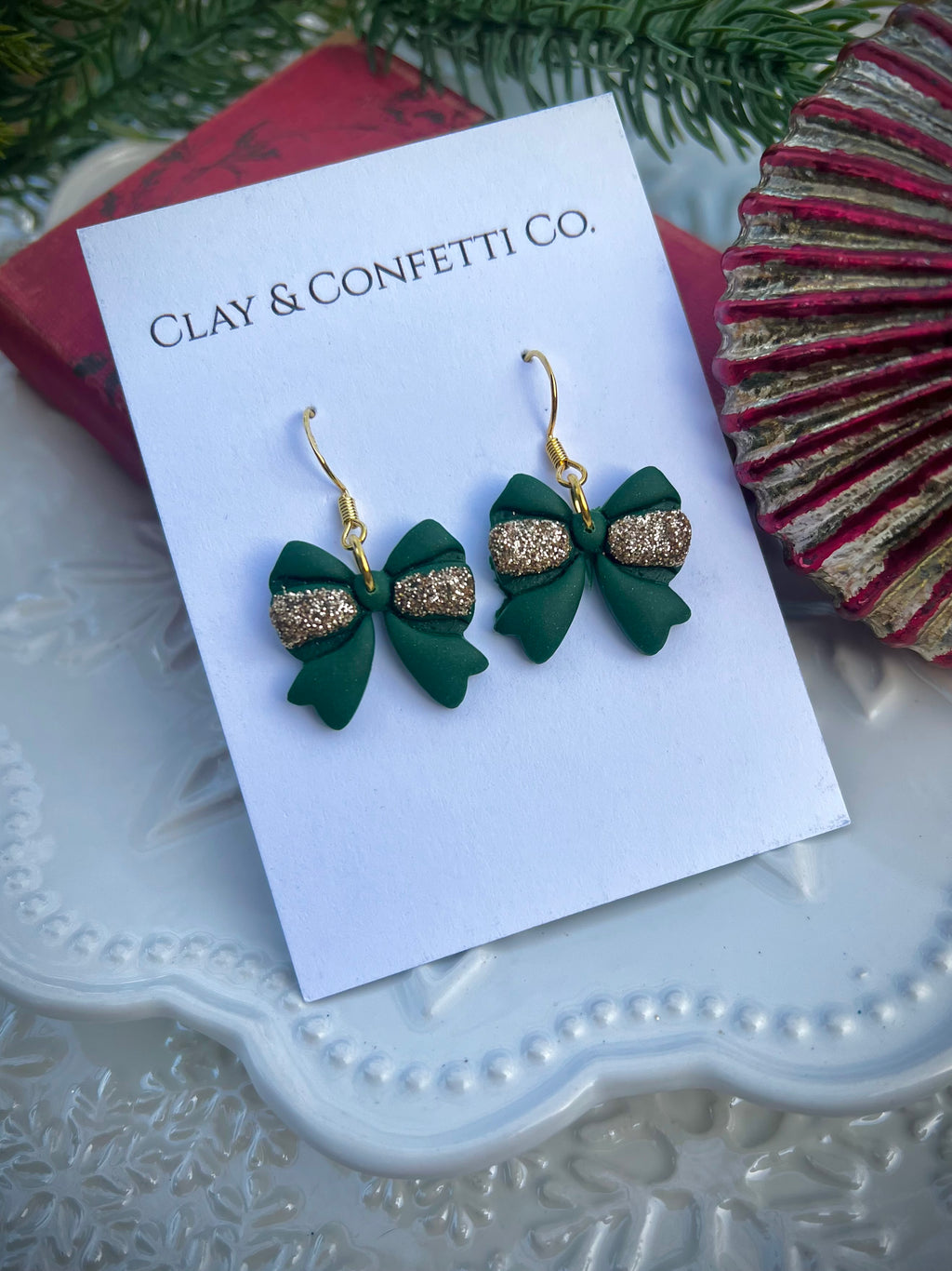 Green with gold bow dangle