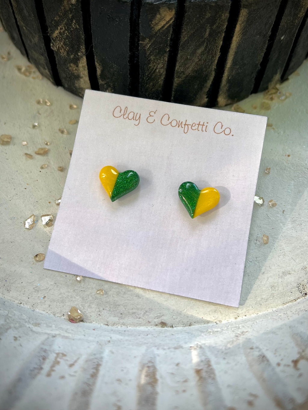 1/2 green/yellow heart stud