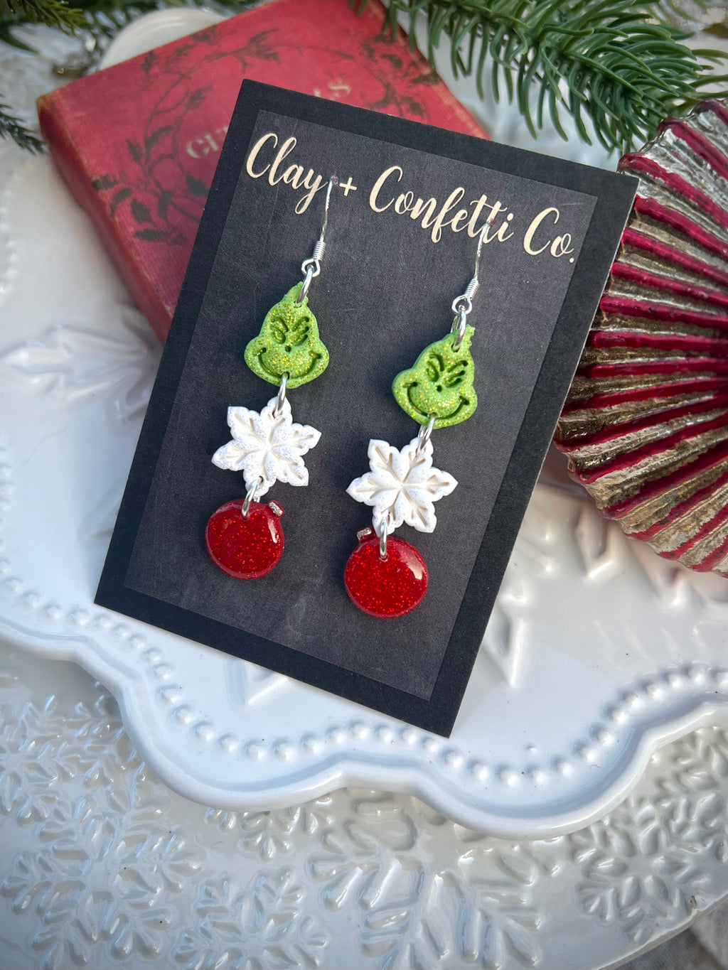 Grinch glitter triple silver dangle