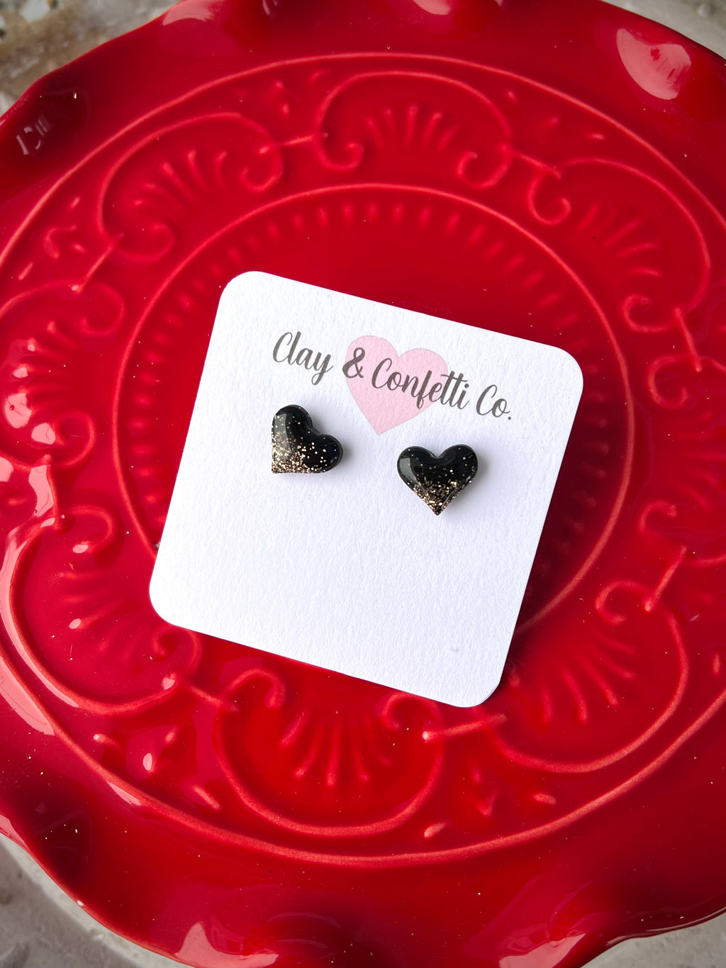 Black with gold glitter heart stud