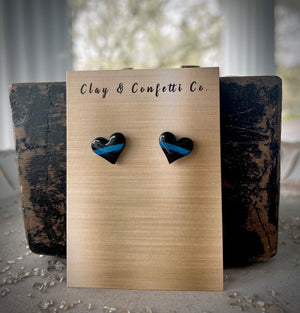 Thin blue line heart stud