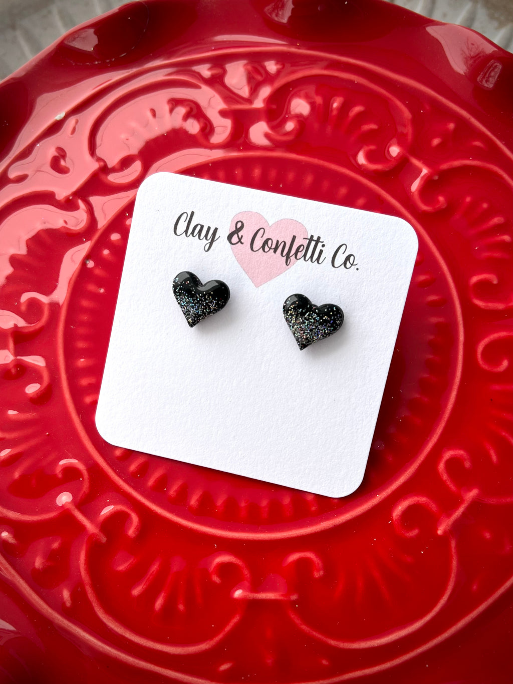 Black with silver glitter heart stud