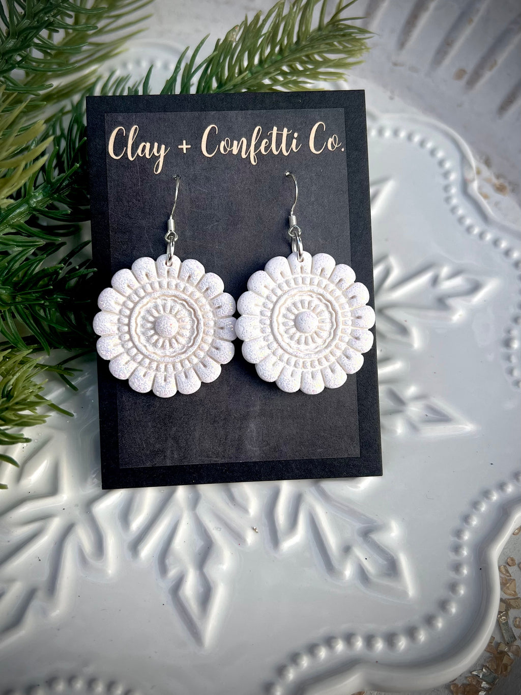 White glitter medallion dangle