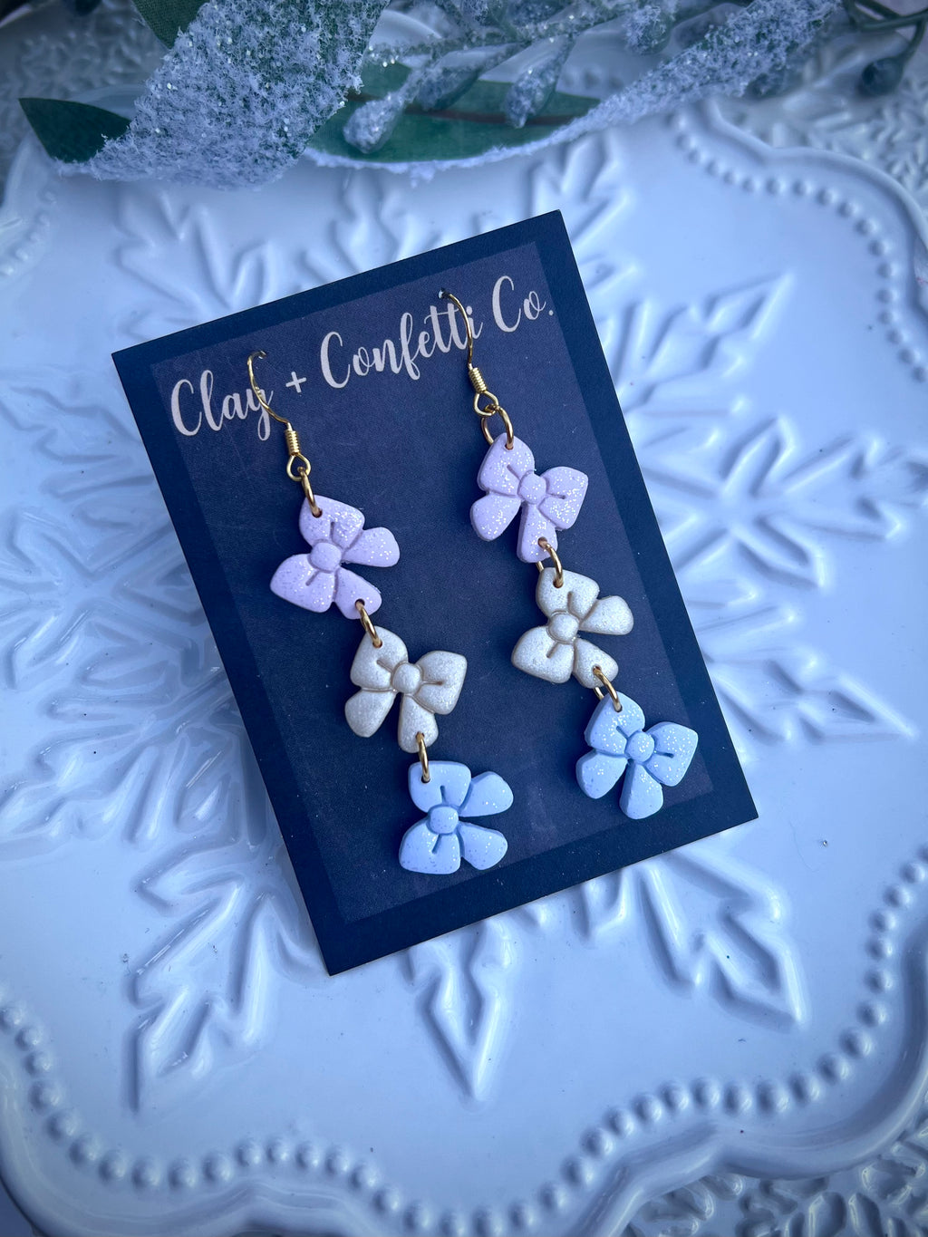 Pink gold blue bow dangle