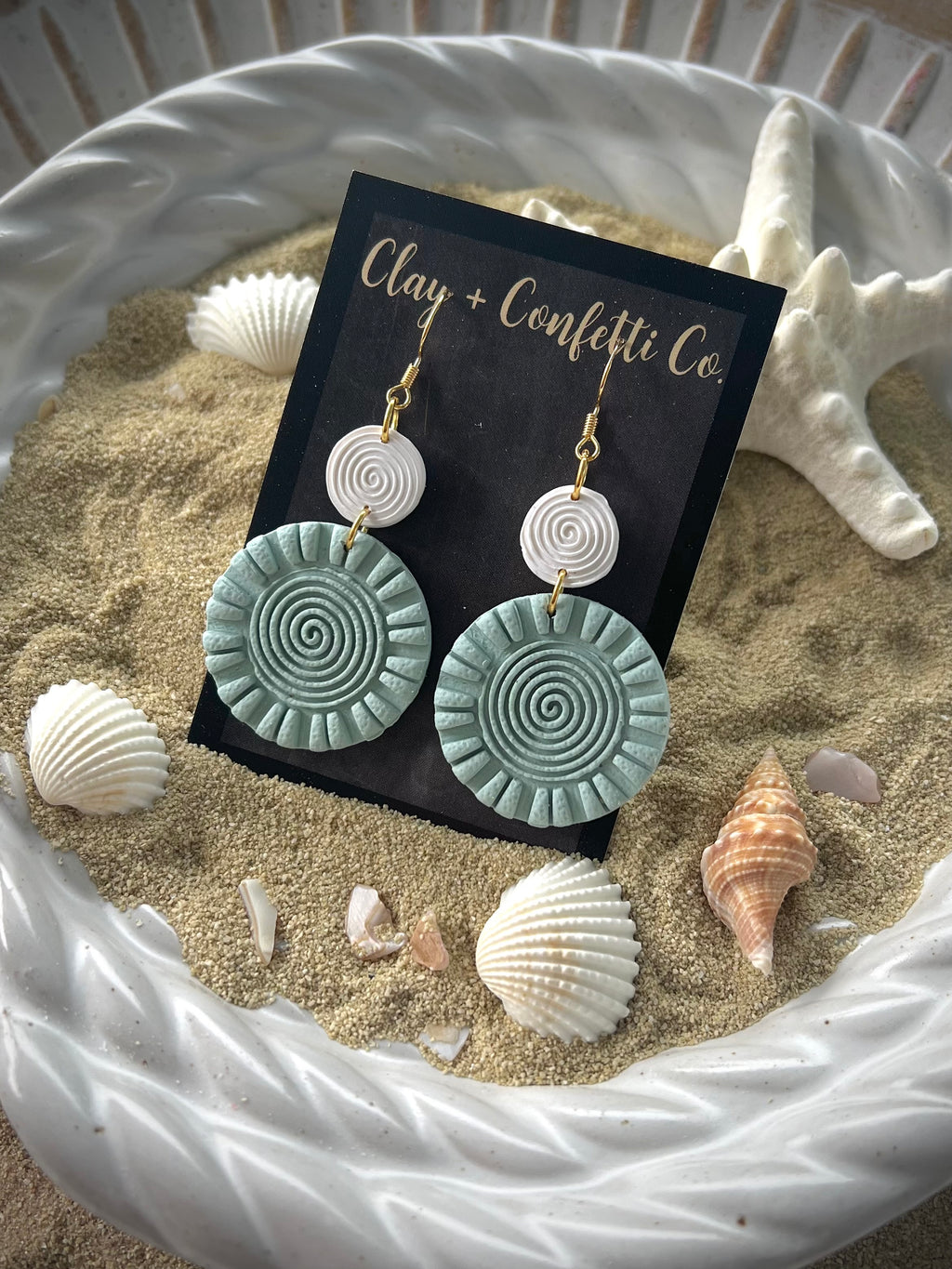 Muted Boho Ocean Green Glitter Spiral Dangle