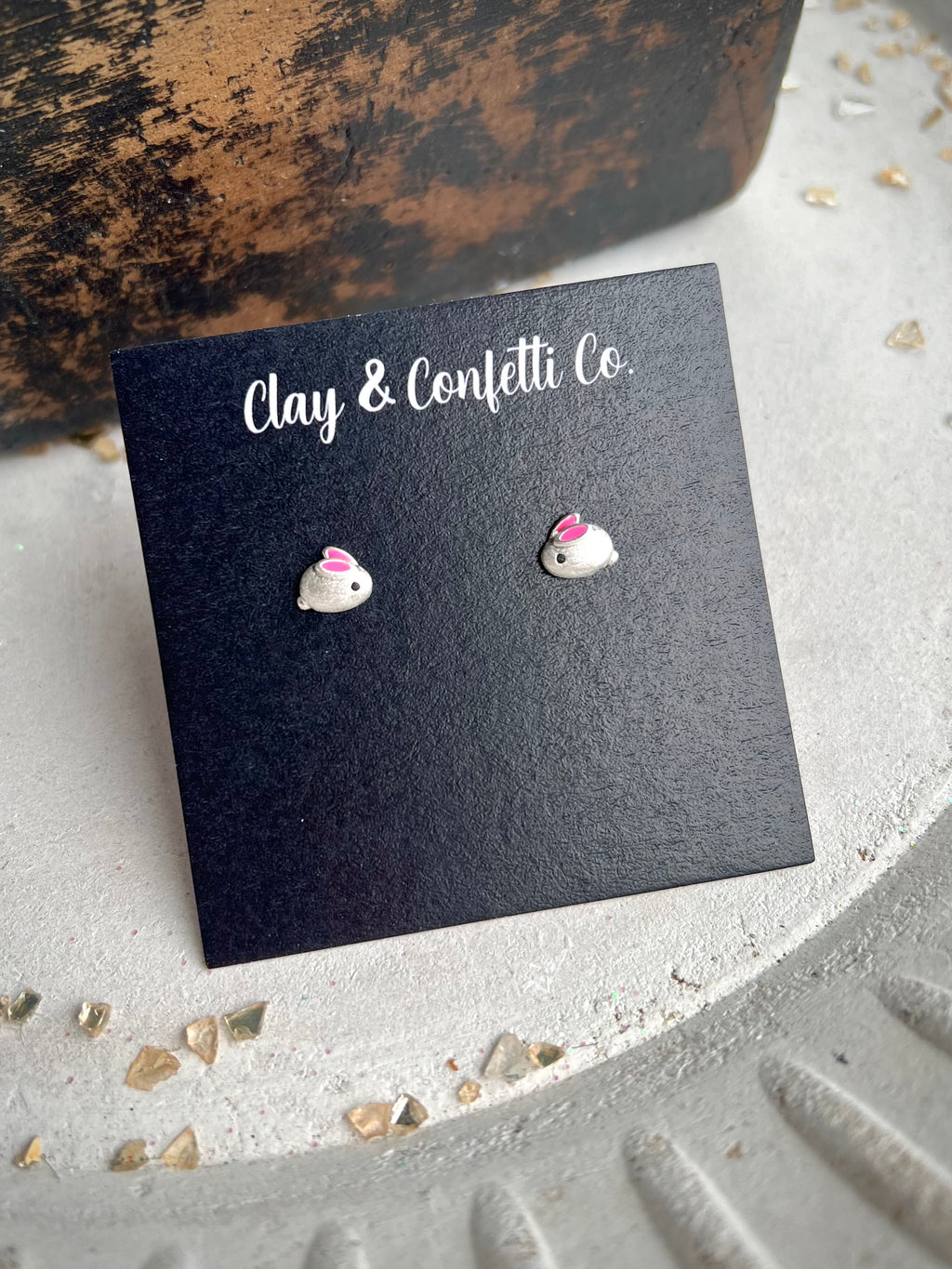 Silver bunny with pink ears stud