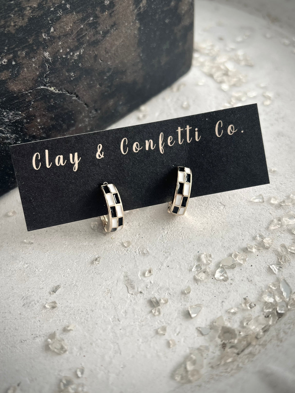 Silver Check Huggie hoop