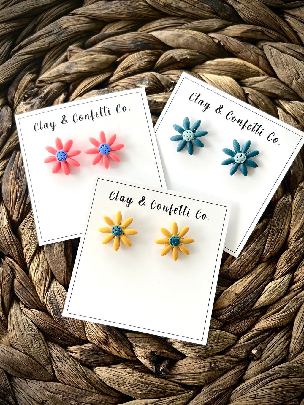 Coral , Dark Teal Blue , Mustard Daisy Studs