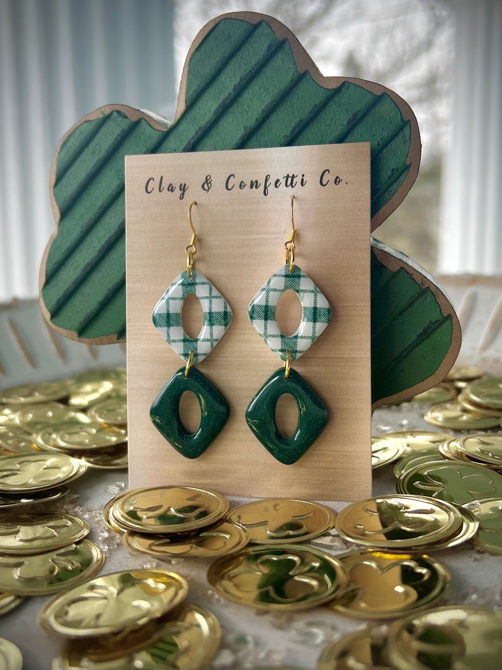 Green plaid double diamond dangle