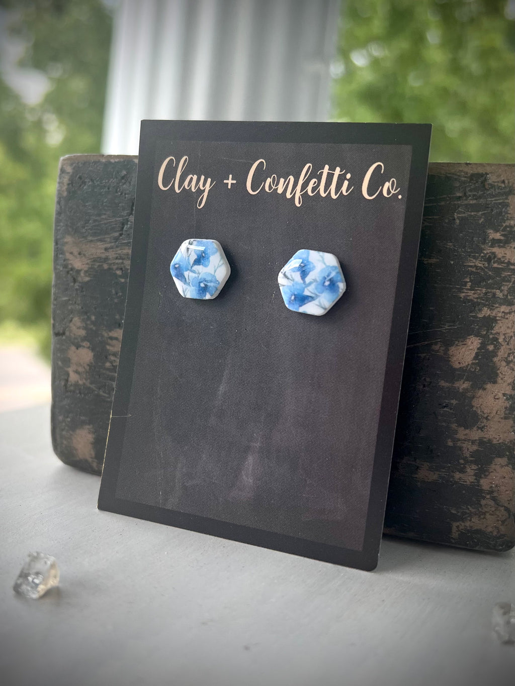 Blue floral hex stud