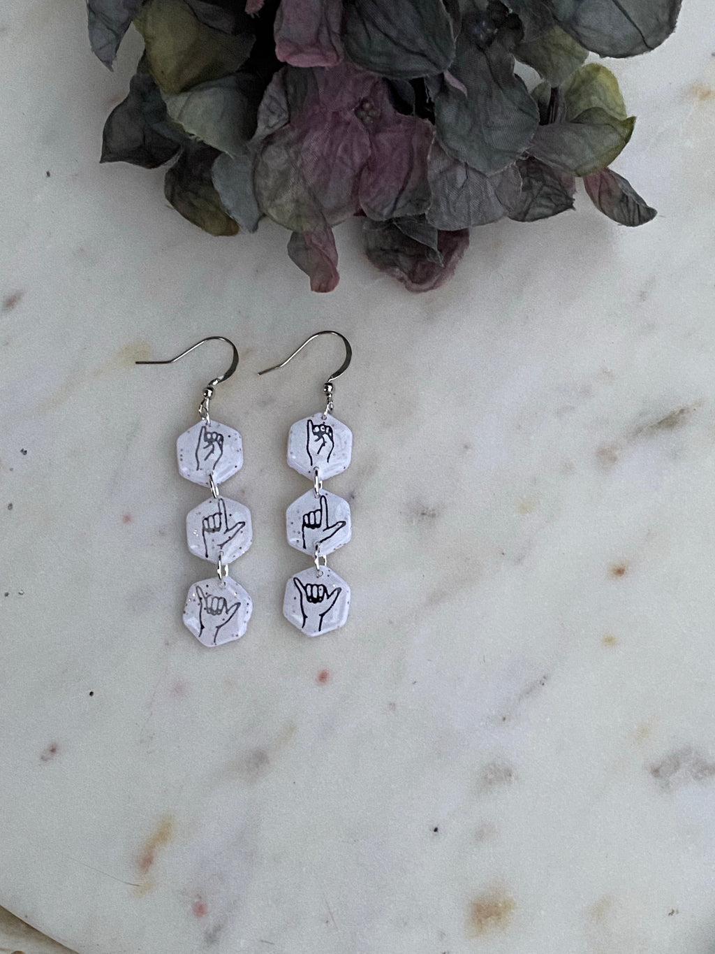 ILY white hex dangle