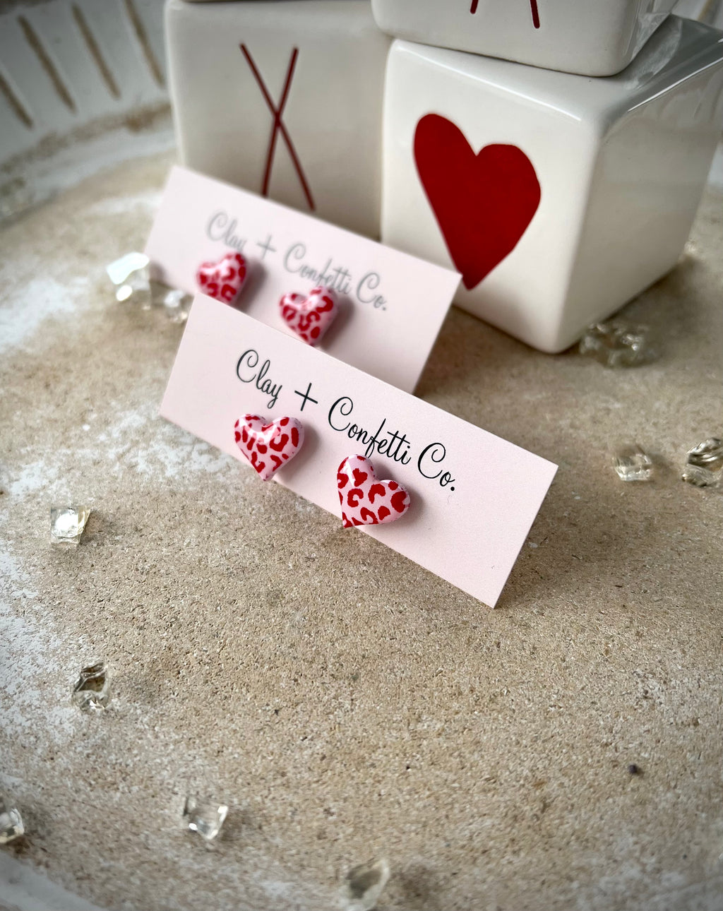 Hot pink red cheetah heart studs