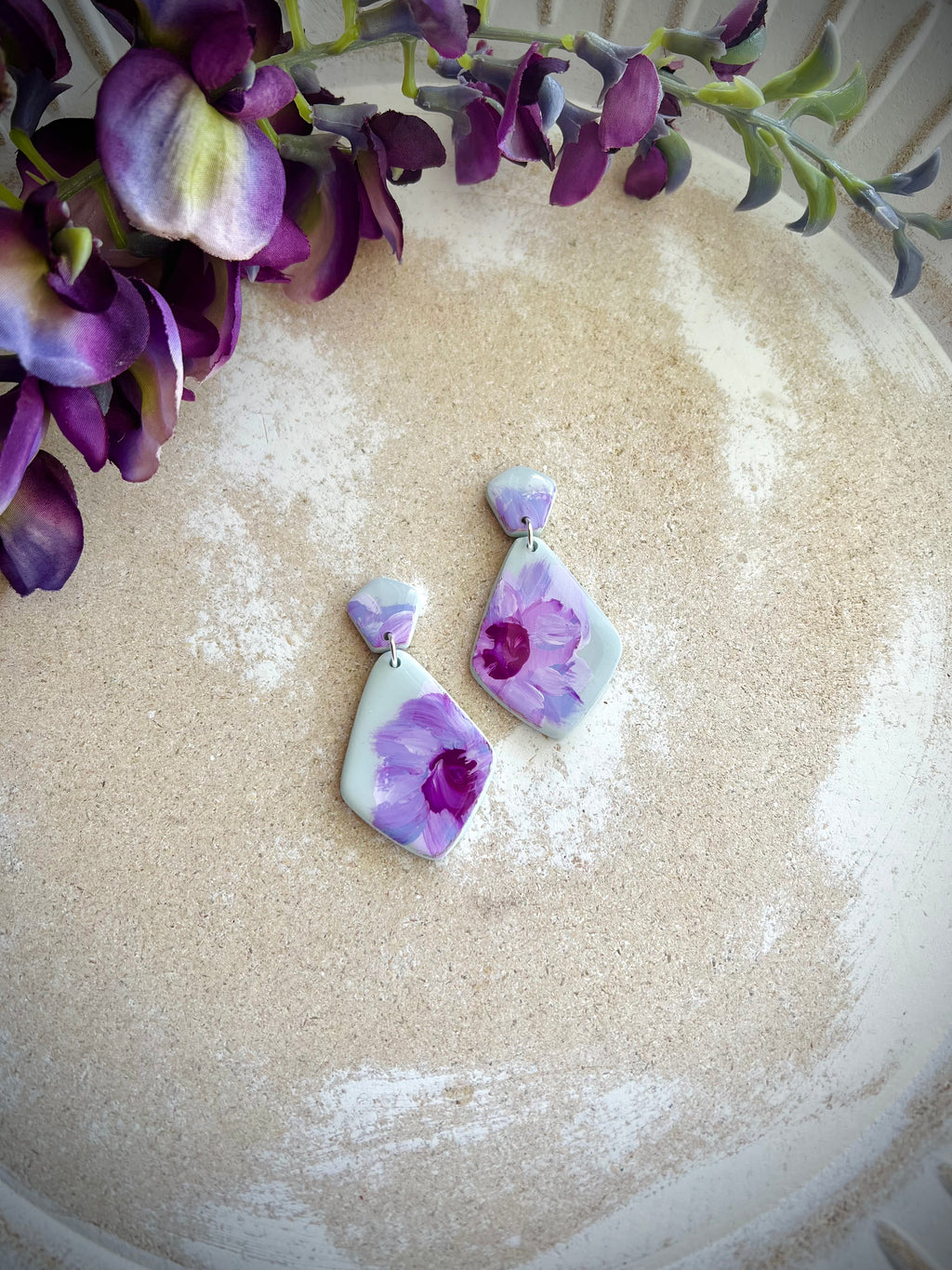 Light grey blue with purple flower handpainted