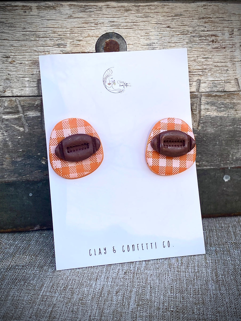 Orange and white gingham football statement stud