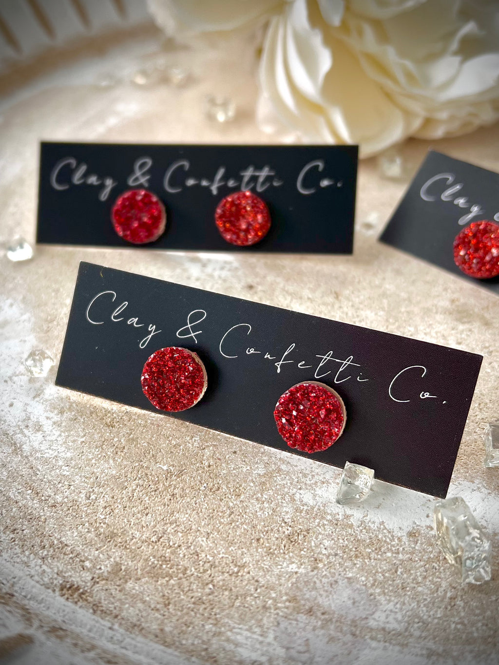 Red round druzy stud