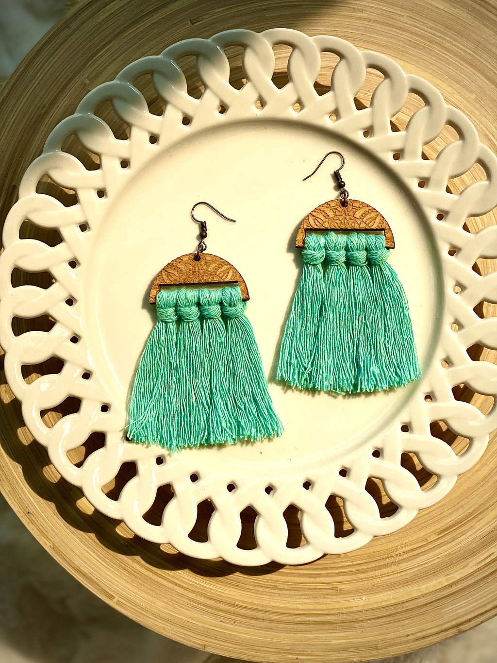Light blue tassel macrame