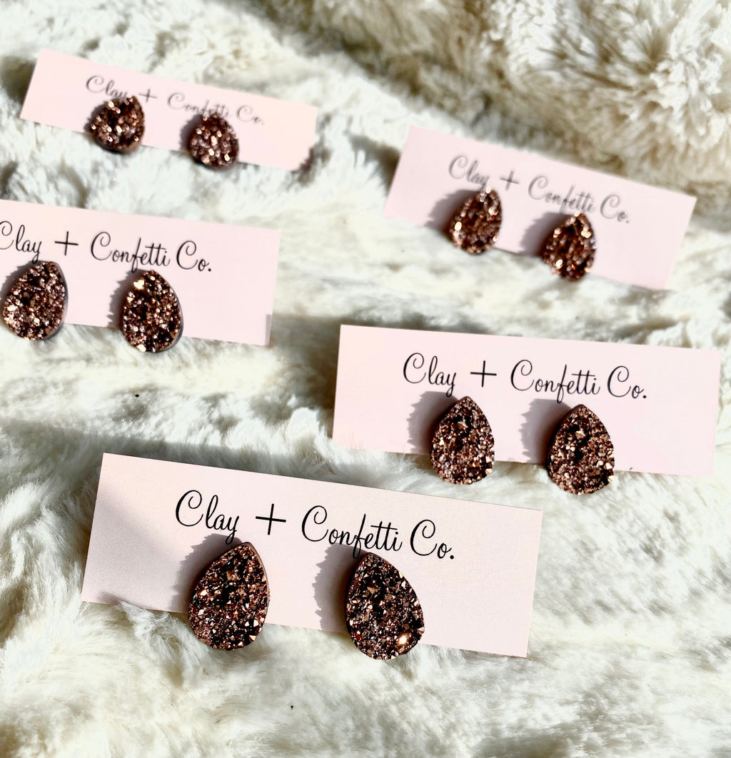 Rose gold tear drop druzy stud
