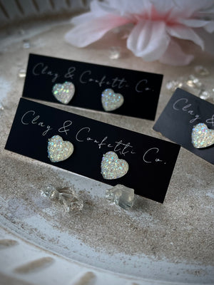 Frosty clear heart druzy stud