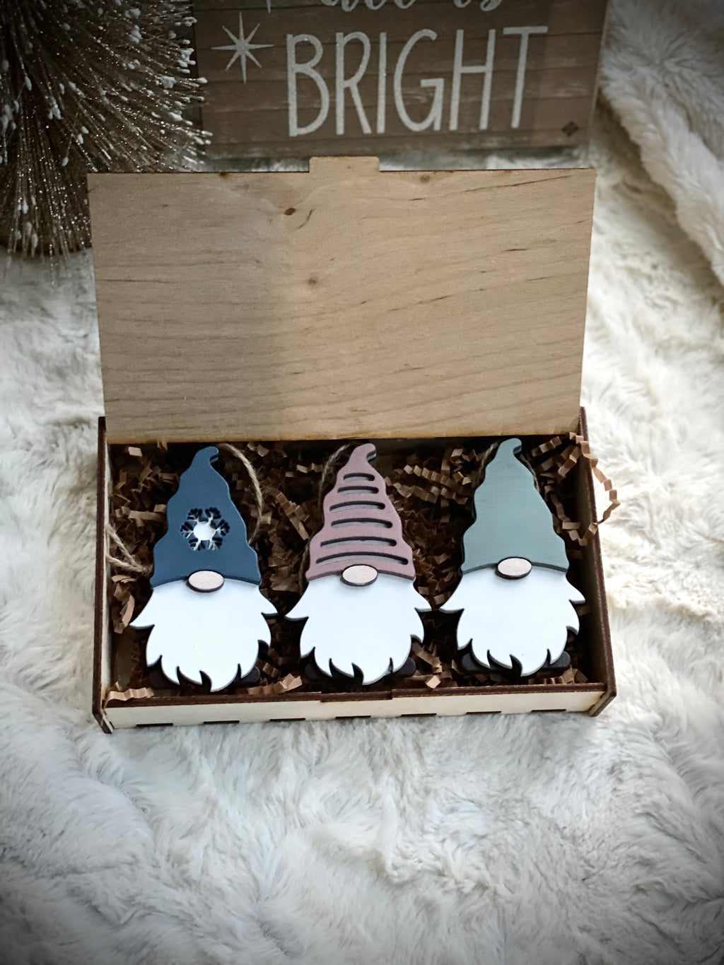 Muted Boho Gnome Ornament Trio IN a box