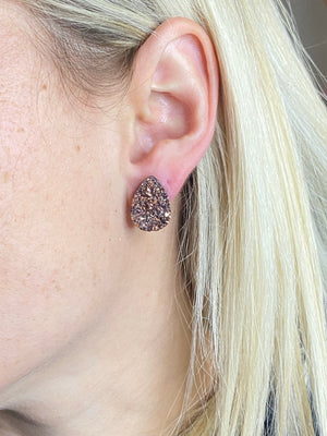 Rose gold tear drop druzy stud