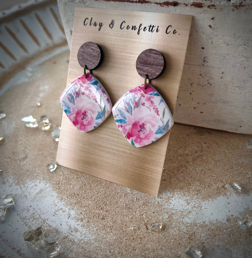 Pink Floral Contoured Square Dangle
