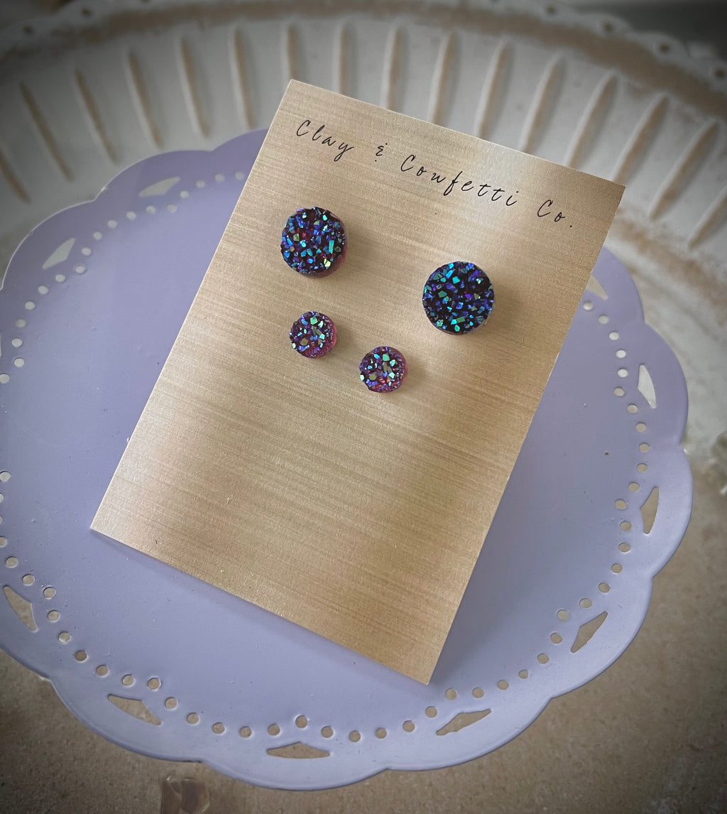 Purple blue rainbow druzy stud options